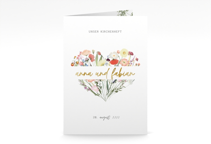 Kirchenheft Hochzeit Wildblumenherz A5 Klappkarte hoch bunt gold