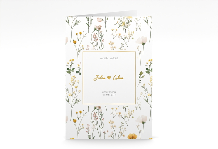 Menükarte Hochzeit Blumenwiese A5 Klappkarte hoch bunt gold