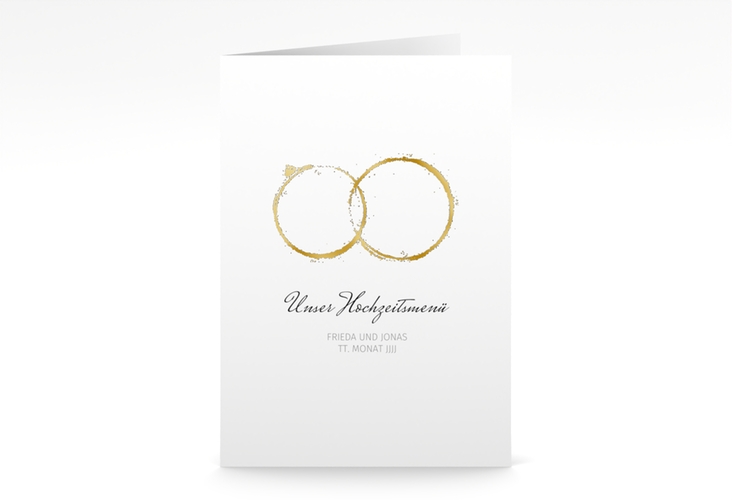 Menükarte Hochzeit Trauringe A5 Klappkarte hoch grau gold minimalistisch gestaltet mit zwei Eheringen