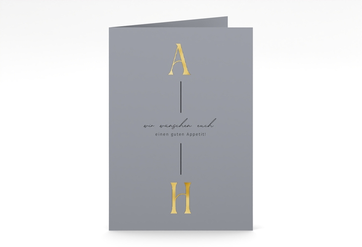 Menükarte Hochzeit Lebensbund A5 Klappkarte hoch blau gold mit veredelbaren Initialen