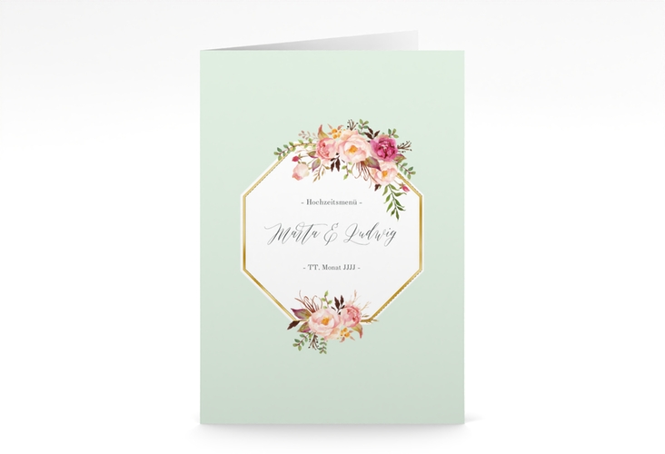 Menükarte Hochzeit Prachtvoll A5 Klappkarte hoch mint gold