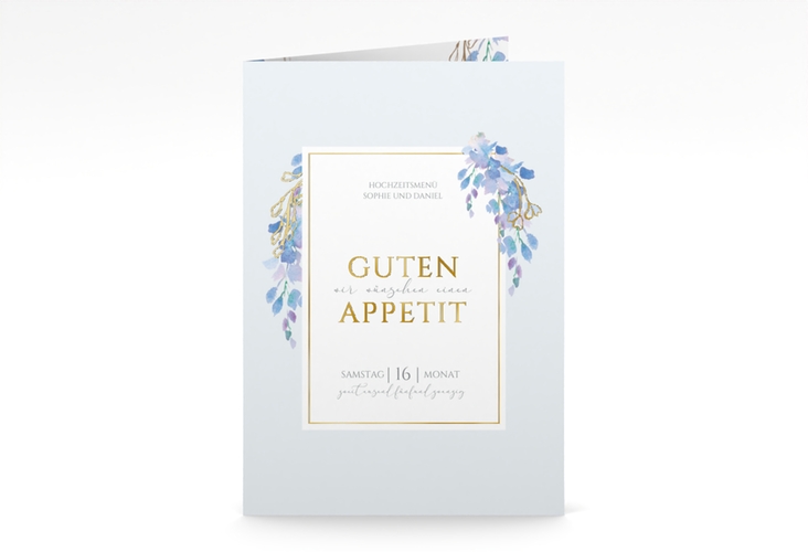 Menükarte Hochzeit Blauregen A5 Klappkarte hoch blau gold mit Wisteria-Blüten