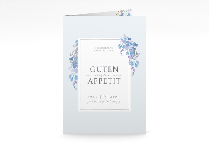 Menükarte Hochzeit Blauregen A5 Klappkarte hoch blau silber mit Wisteria-Blüten