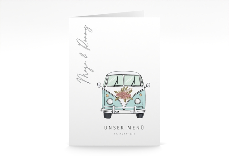 Menükarte Hochzeit Hochzeitsbulli A5 Klappkarte hoch blau silber