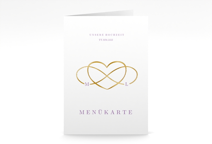 Menükarte Hochzeit Infinity A5 Klappkarte hoch lila gold