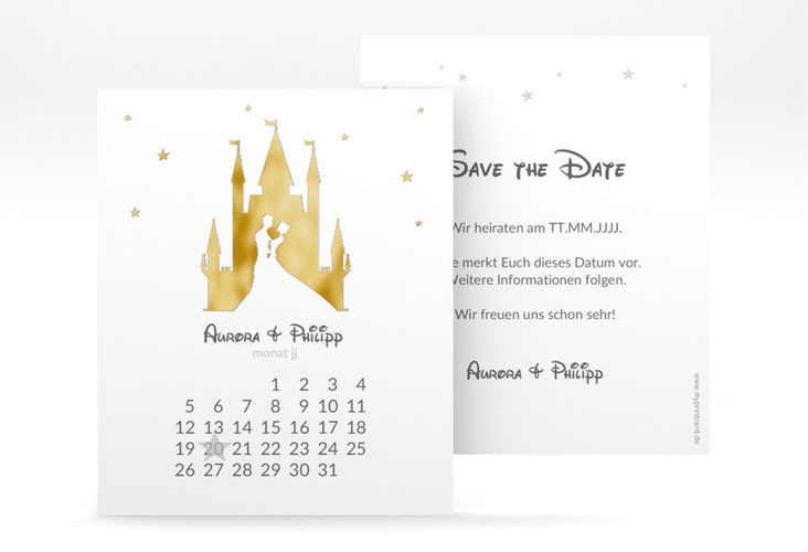 Save the Date-Kalenderblatt Castle Kalenderblatt-Karte grau gold