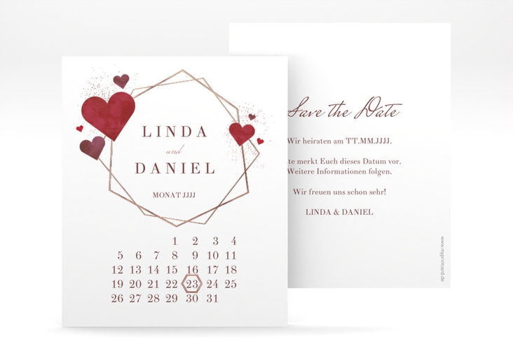 Save the Date-Kalenderblatt Herzlich Kalenderblatt-Karte gold rosegold mit Goldrahmen und roten Herzen