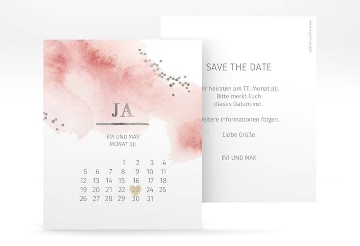 Save the Date-Kalenderblatt Pastell Kalenderblatt-Karte rosa silber