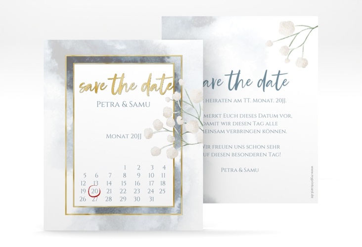 Save the Date-Kalenderblatt Winter Kalenderblatt-Karte blau gold mit Schleierkraut