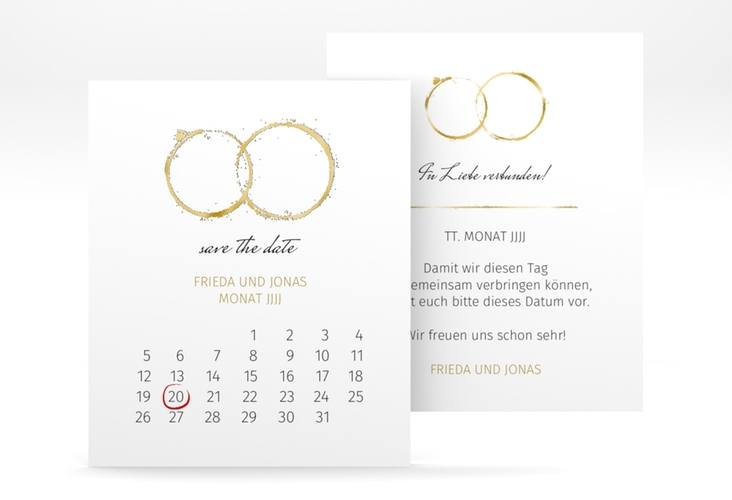 Save the Date-Kalenderblatt Trauringe Kalenderblatt-Karte gold gold minimalistisch gestaltet mit zwei Eheringen