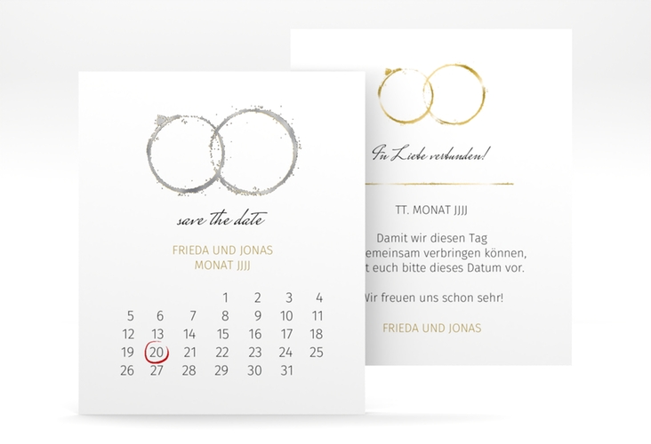 Save the Date-Kalenderblatt Trauringe Kalenderblatt-Karte gold silber minimalistisch gestaltet mit zwei Eheringen