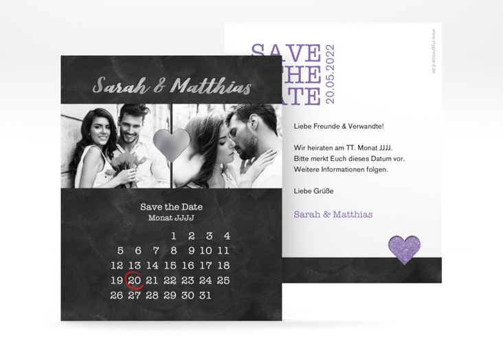 Save the Date-Kalenderblatt Sparkly Kalenderblatt-Karte lila silber