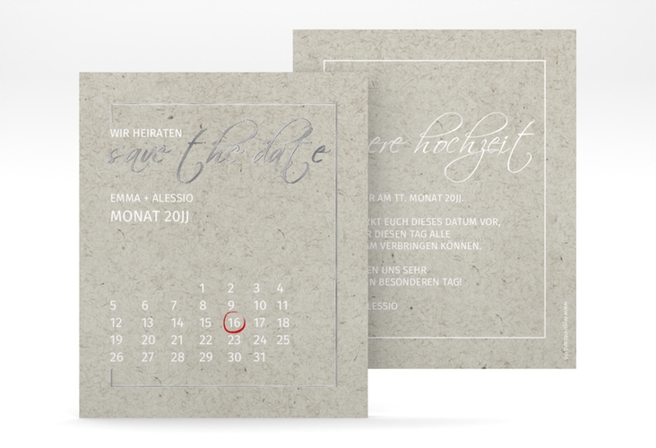 Save the Date-Kalenderblatt Simple Line Kalenderblatt-Karte grau silber