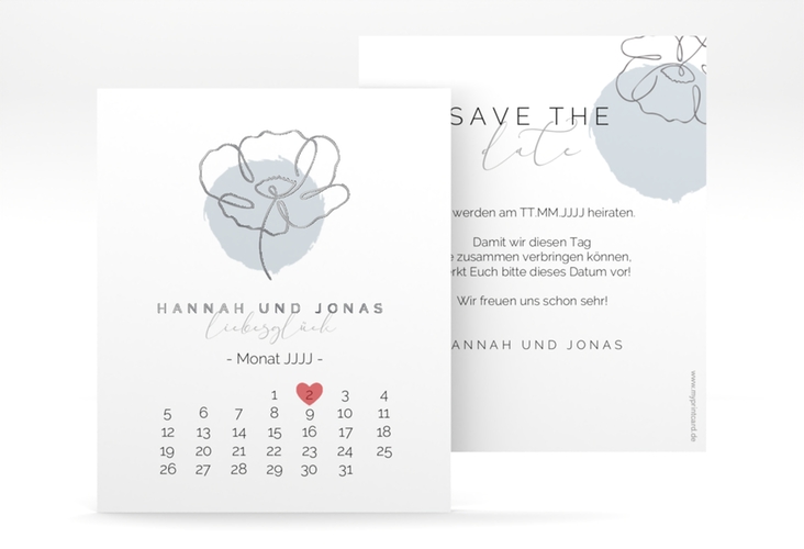 Save the Date-Kalenderblatt Flowerline Kalenderblatt-Karte blau silber