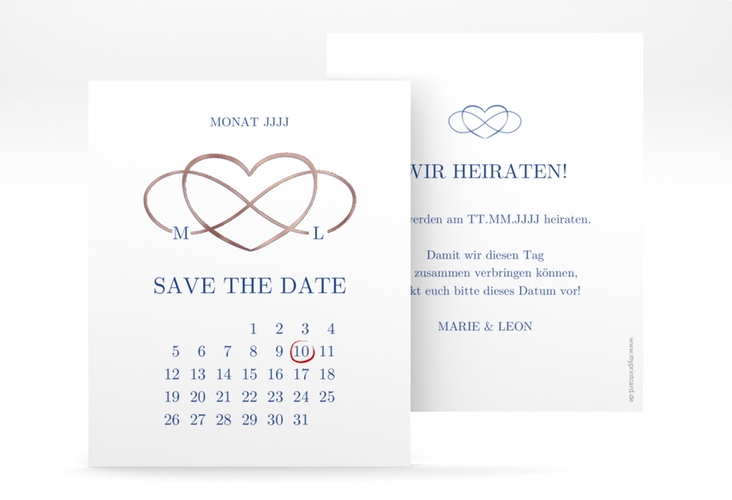 Save the Date-Kalenderblatt Infinity Kalenderblatt-Karte blau rosegold