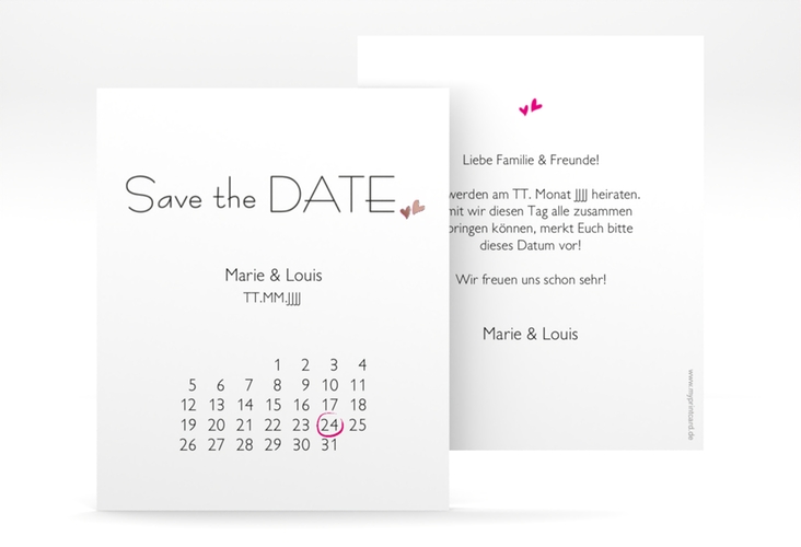 Save the Date-Kalenderblatt Twohearts Kalenderblatt-Karte pink rosegold