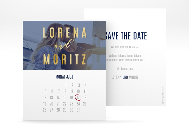 Save the Date-Kalenderblatt Memory Kalenderblatt-Karte blau gold