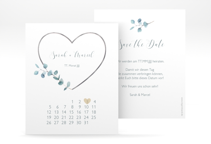Save the Date-Kalenderblatt Greenheart Kalenderblatt-Karte rosa silber mit elegantem Herz und Eukalyptus-Zweig