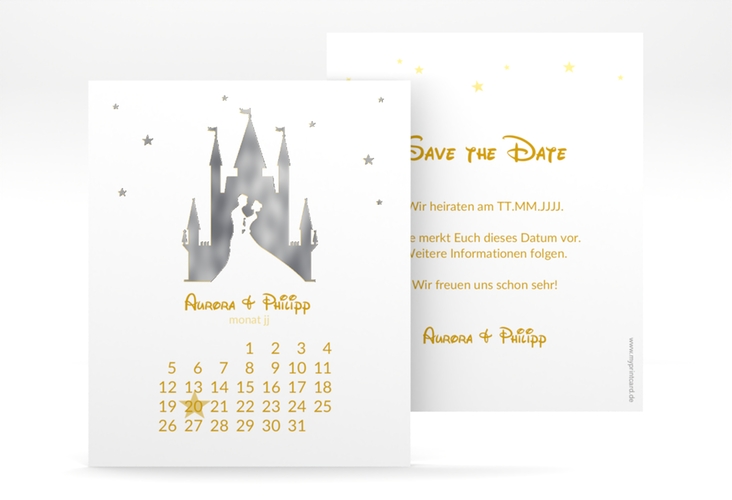 Save the Date-Kalenderblatt Castle Kalenderblatt-Karte gold silber