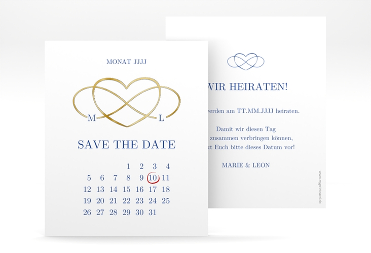 Save the Date-Kalenderblatt Infinity Kalenderblatt-Karte blau gold