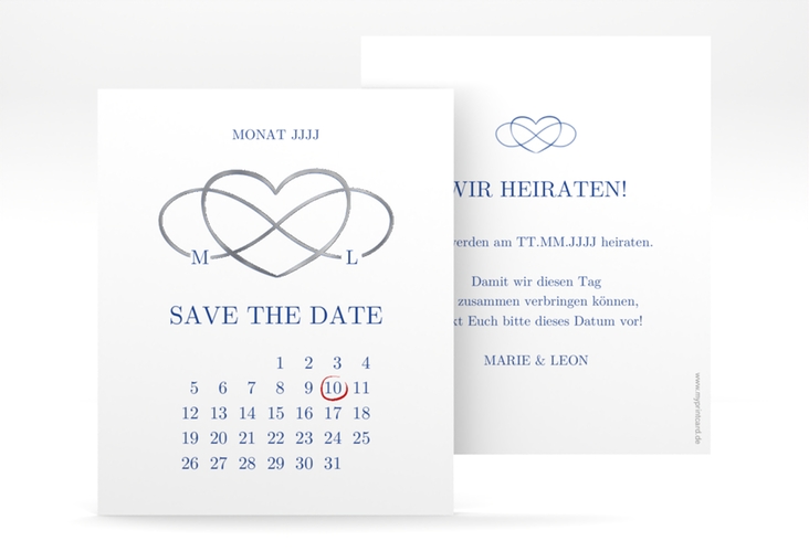 Save the Date-Kalenderblatt Infinity Kalenderblatt-Karte blau silber
