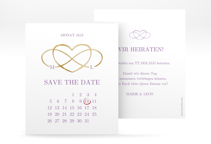 Save the Date-Kalenderblatt Infinity Kalenderblatt-Karte lila gold