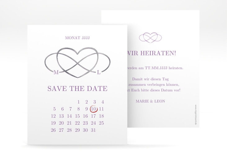Save the Date-Kalenderblatt Infinity Kalenderblatt-Karte lila silber