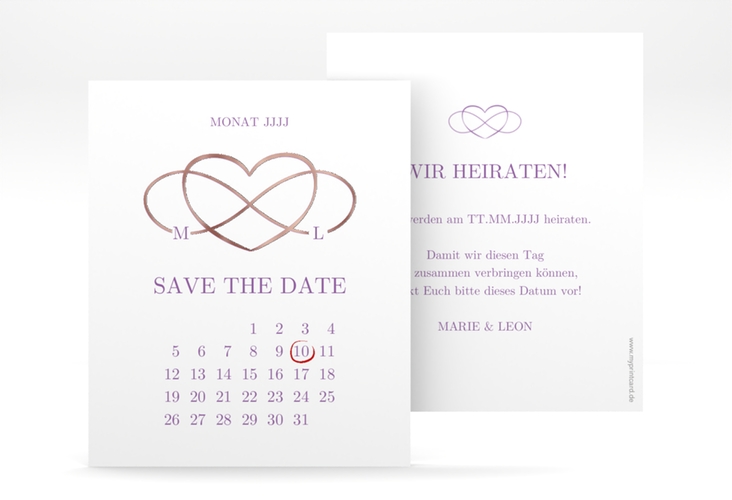 Save the Date-Kalenderblatt Infinity Kalenderblatt-Karte lila rosegold