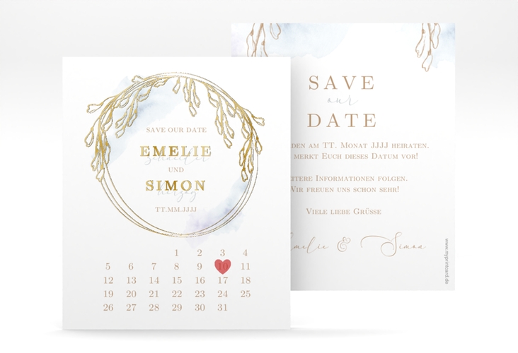 Save the Date-Kalenderblatt Wisteria Kalenderblatt-Karte blau gold mit Blumenbogen aus Blauregen