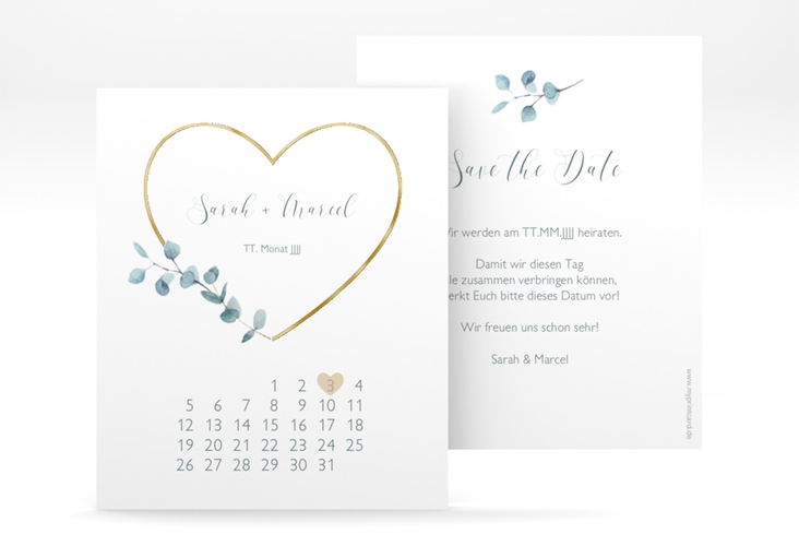 Save the Date-Kalenderblatt Greenheart Kalenderblatt-Karte grau gold mit elegantem Herz und Eukalyptus-Zweig