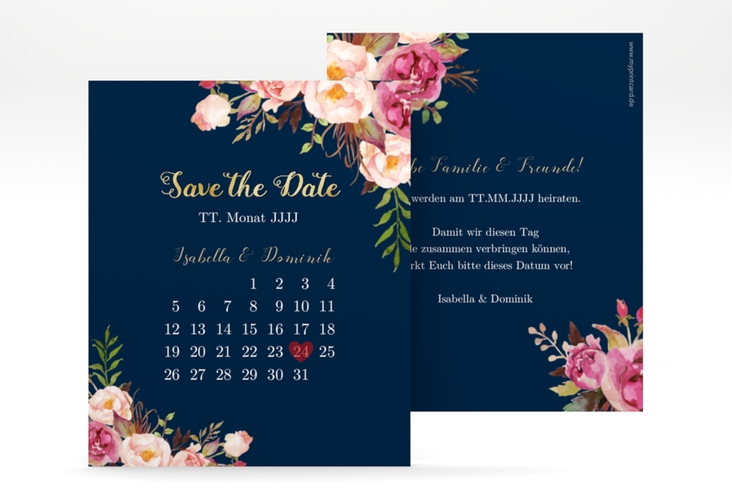 Save the Date-Kalenderblatt Flowers Kalenderblatt-Karte blau gold mit bunten Aquarell-Blumen