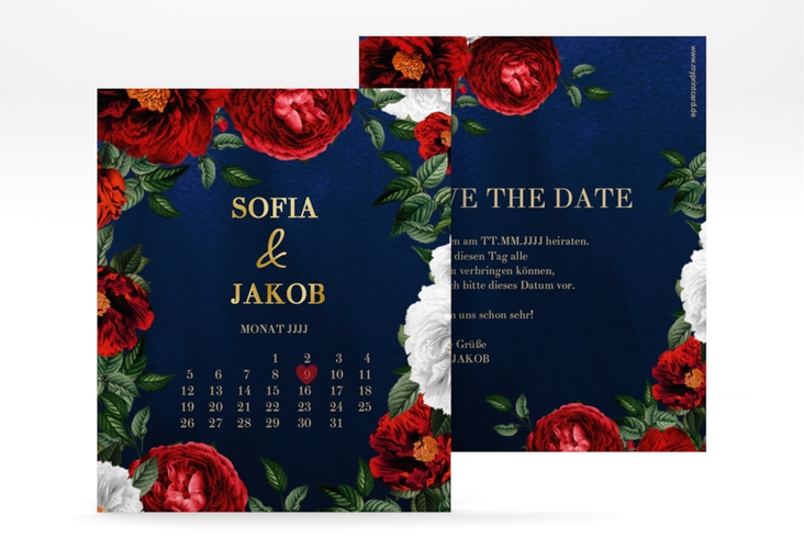 Save the Date-Kalenderblatt Florista Kalenderblatt-Karte blau gold