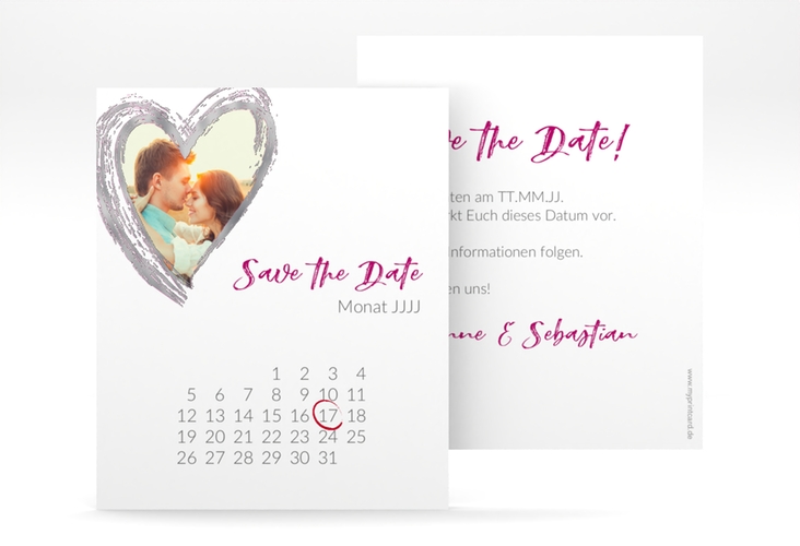 Save the Date-Kalenderblatt Liebe Kalenderblatt-Karte pink silber