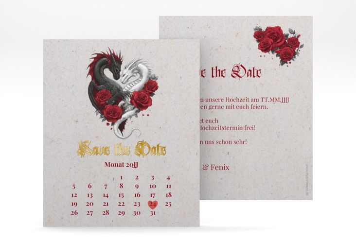 Save the Date-Kalenderblatt Drachenliebe Kalenderblatt-Karte grau gold mit schwarzem und weißem Drachen zu einem Herz verschlungen