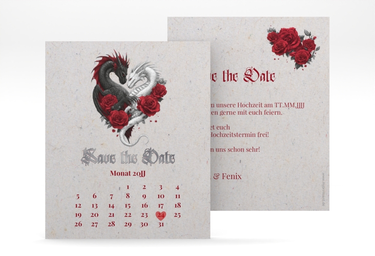 Save the Date-Kalenderblatt Drachenliebe Kalenderblatt-Karte grau silber mit schwarzem und weißem Drachen zu einem Herz verschlungen