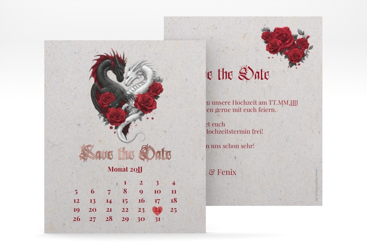 Save the Date-Kalenderblatt Drachenliebe Kalenderblatt-Karte grau rosegold mit schwarzem und weißem Drachen zu einem Herz verschlungen