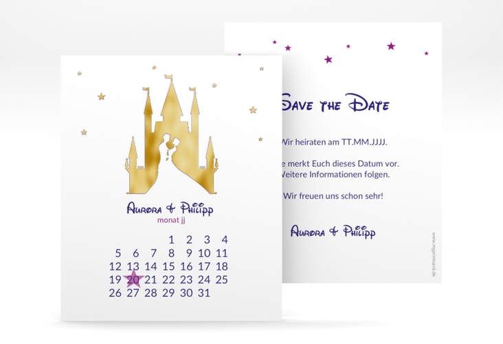 Save the Date-Kalenderblatt Castle Kalenderblatt-Karte lila gold