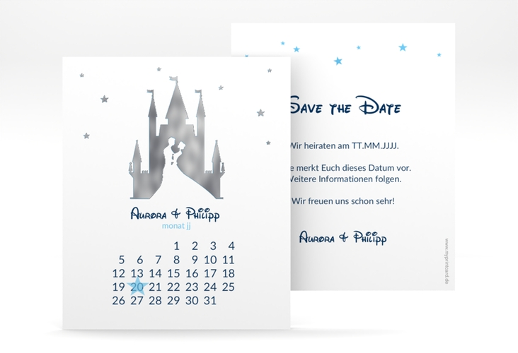 Save the Date-Kalenderblatt Castle Kalenderblatt-Karte blau silber
