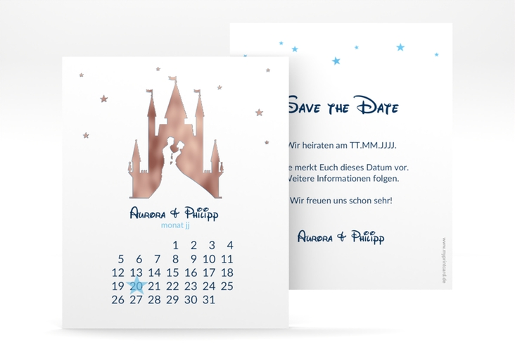 Save the Date-Kalenderblatt Castle Kalenderblatt-Karte blau rosegold