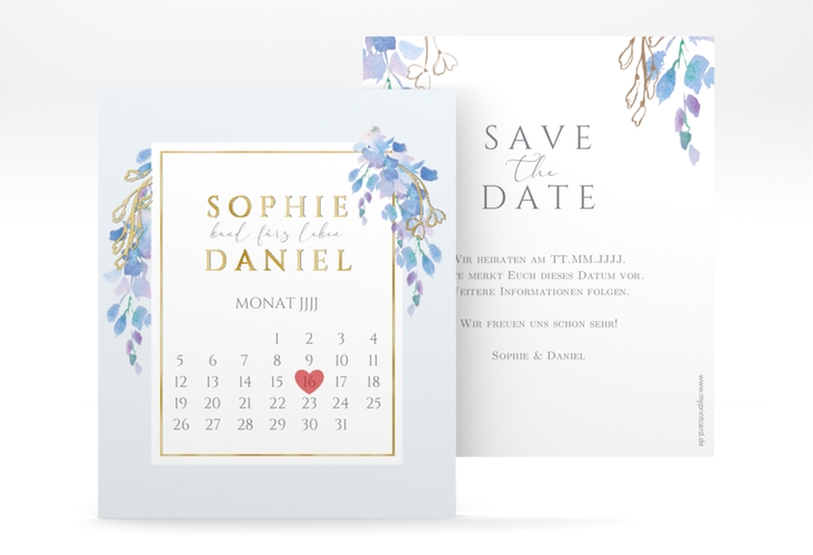Save the Date-Kalenderblatt Blauregen Kalenderblatt-Karte blau gold mit Wisteria-Blüten