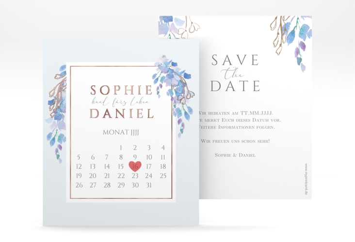 Save the Date-Kalenderblatt Blauregen Kalenderblatt-Karte blau rosegold mit Wisteria-Blüten
