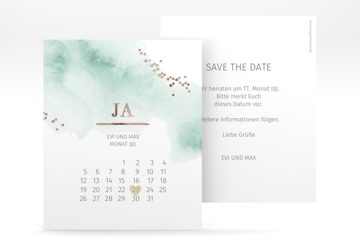 Save the Date-Kalenderblatt Pastell Kalenderblatt-Karte mint rosegold