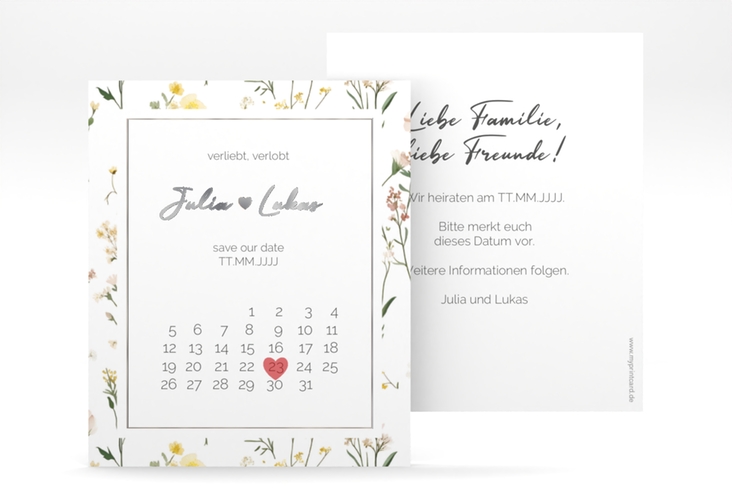 Save the Date-Kalenderblatt Blumenwiese Kalenderblatt-Karte bunt silber