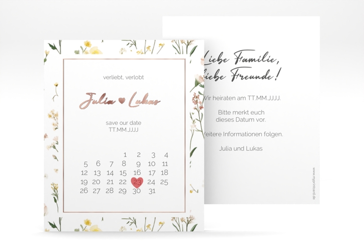 Save the Date-Kalenderblatt Blumenwiese Kalenderblatt-Karte bunt rosegold