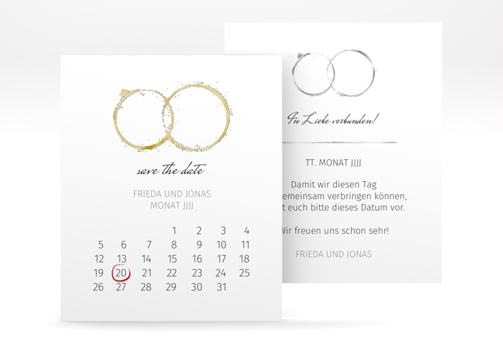 Save the Date-Kalenderblatt Trauringe Kalenderblatt-Karte grau gold minimalistisch gestaltet mit zwei Eheringen
