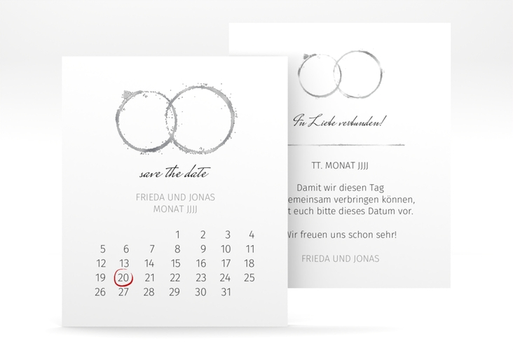 Save the Date-Kalenderblatt Trauringe Kalenderblatt-Karte grau silber minimalistisch gestaltet mit zwei Eheringen