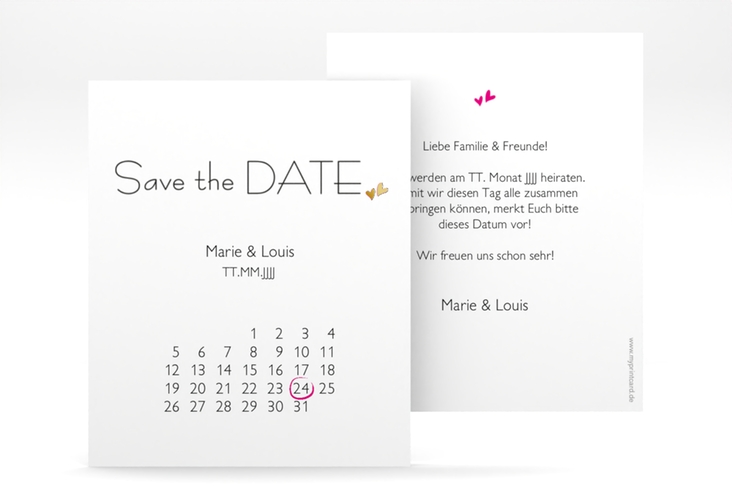 Save the Date-Kalenderblatt Twohearts Kalenderblatt-Karte pink gold