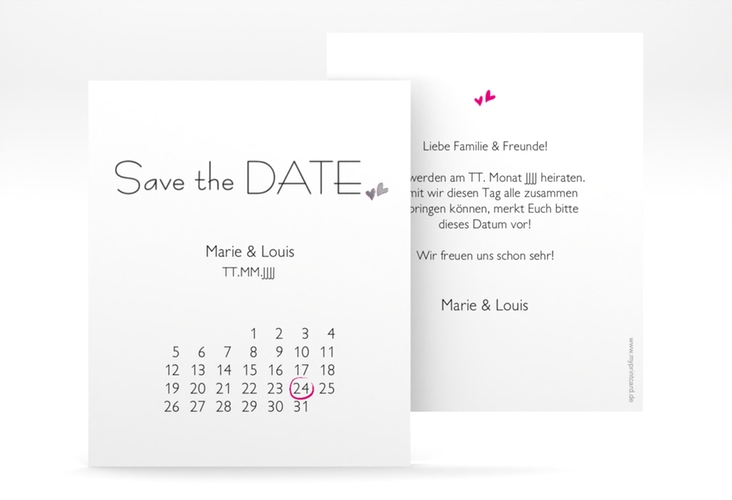 Save the Date-Kalenderblatt Twohearts Kalenderblatt-Karte pink silber