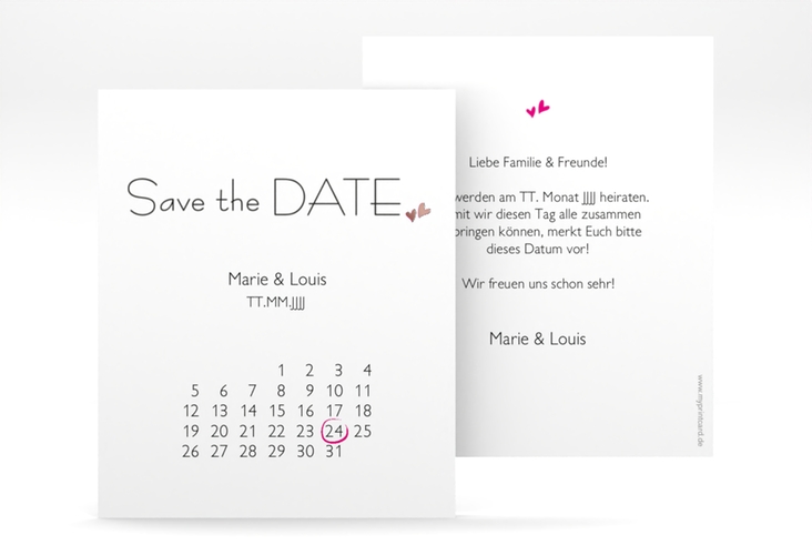Save the Date-Kalenderblatt Twohearts Kalenderblatt-Karte pink rosegold