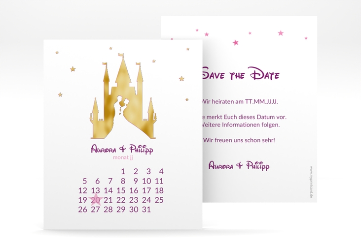 Save the Date-Kalenderblatt Castle Kalenderblatt-Karte pink gold